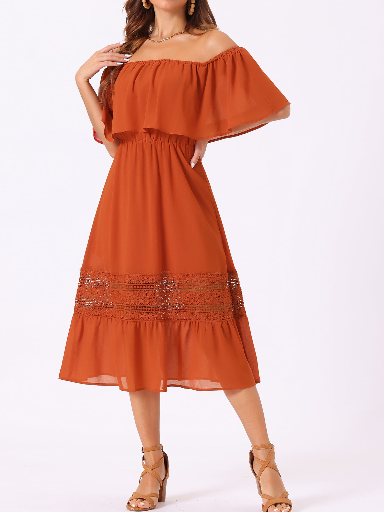 DARING DIVA Women's Off Shoulder Flutter Sleeve Maxi Dress XS Burnt Orange