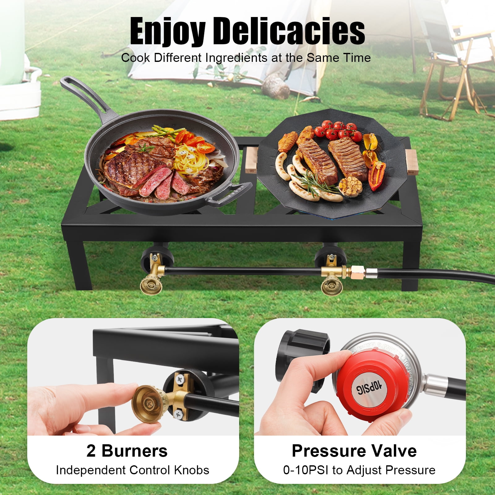 Portable Gas Camping Stove – Dual Burner, 8000W Power, Sturdy Cast Iron, Easy To Use & Clean, Ideal for Outdoor Cooking, Picnics, BBQs, and Camping Adventures
