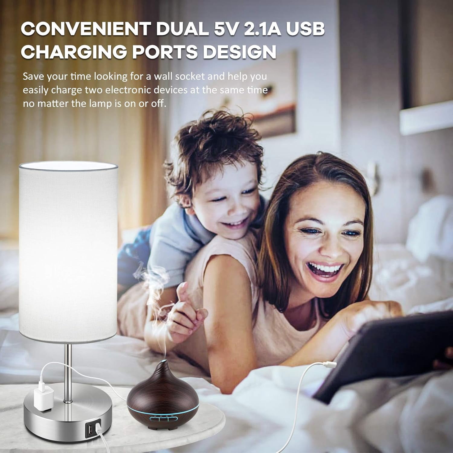 Nordic Hygge Set of 2 Touch Control Dimmable Table Lamps with 2 USB Charging Ports&AC Outlet