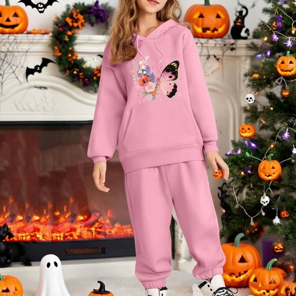 SYMOID Girls' Pink Tracksuit Set - Soft Polyester Hoodie with Butterfly Floral Print & Jogger Pants, Elastic Waist, Kangaroo Pocket, Machine-Washable for Ages 3-12,Size 10 T