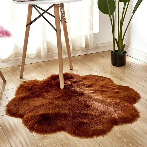 Soft Fur Area Rug 2ft Brown Flower Shape Shaggy Fluffy Rugs Long Plush Carpet Floor Mat for Bedroom Living Room Playroom