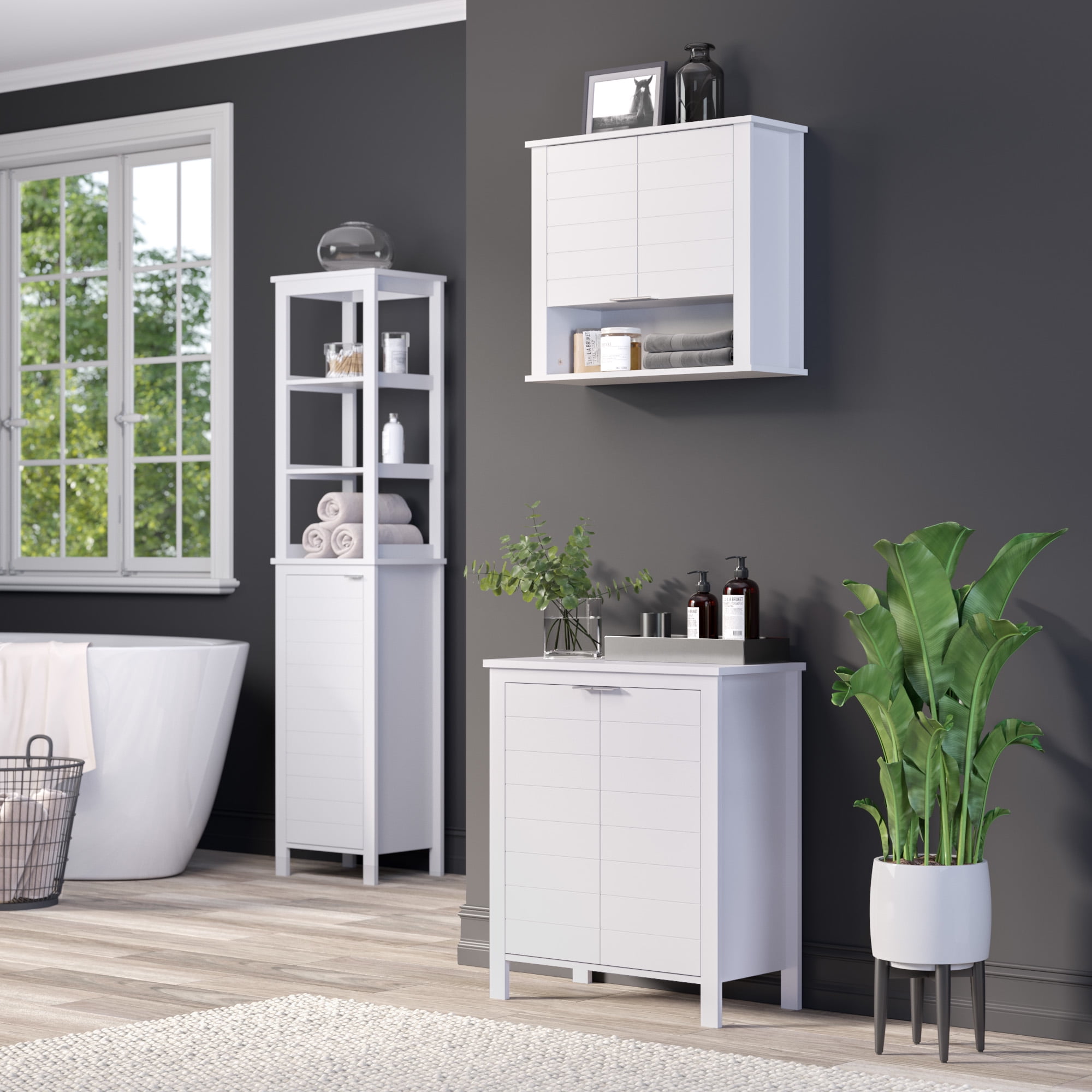 RiverRidge Madison Tall Bathroom Storage Linen Cabinet Organizer with Door - White