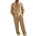 thumbnail image 5 of Migroa Mens 2 Pieces Cotton Linen Set Long Sleeve Shirts Casual Drawstring Yoga Pants Loose Fit Straight Legs Beach Trousers Summer Beach Wedding Outfits Khaki S, 5 of 7