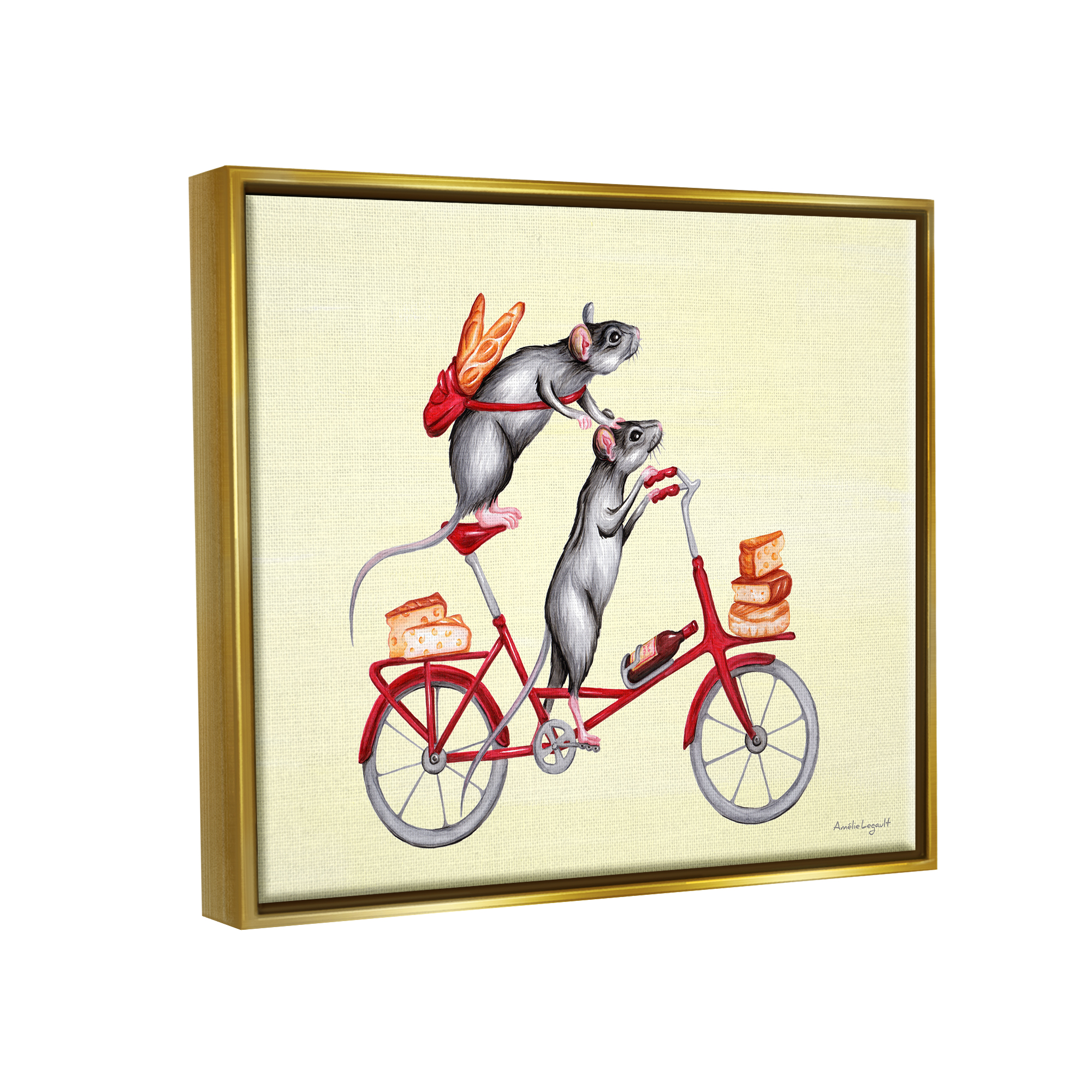 Stupell Industries Mice On Bicycle Carrying Picnic Lunch Bread Cheese Graphic Art Metallic Gold Floating Framed Canvas Print Wall Art, Design by Amelie Legault