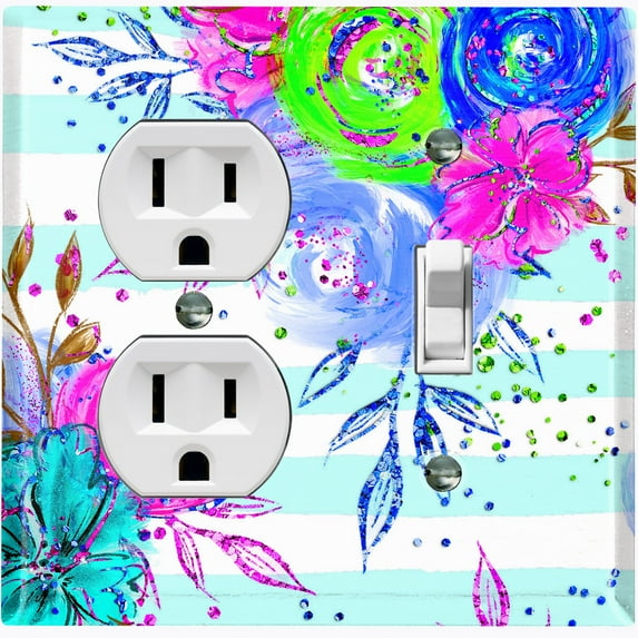Metal Light Switch Plate Cover Floral Pastel Teal Striped Pattern FLW008