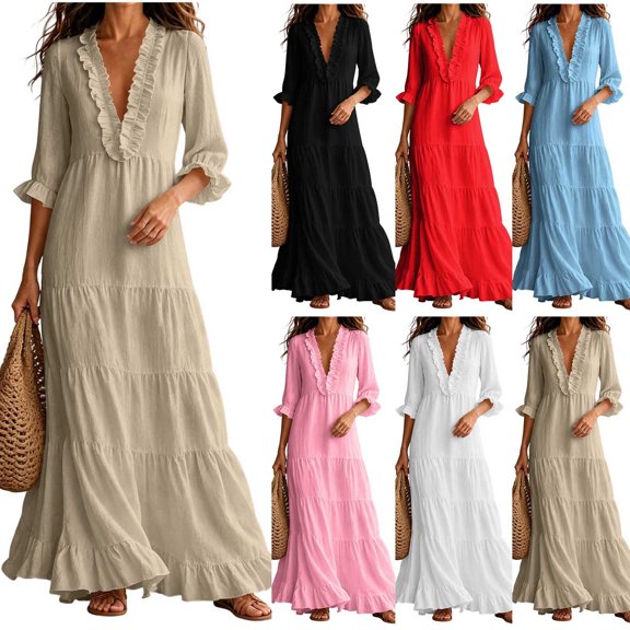 HVOBTTY Womens Maxi Dress Deep V Neck Ruffle 3/4 Sleeve red Solid Color Long Romantic