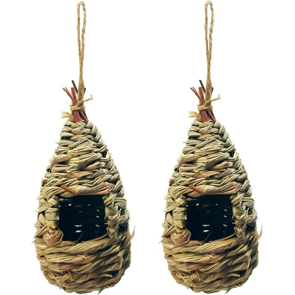 2 Pack Hanging Hummingbird Nest House for Outside, Ball Shape, Hand Woven, Durable Sturdy, Made of Natural Grass for Garden Patio Lawn Office Indoor (Type B, All)