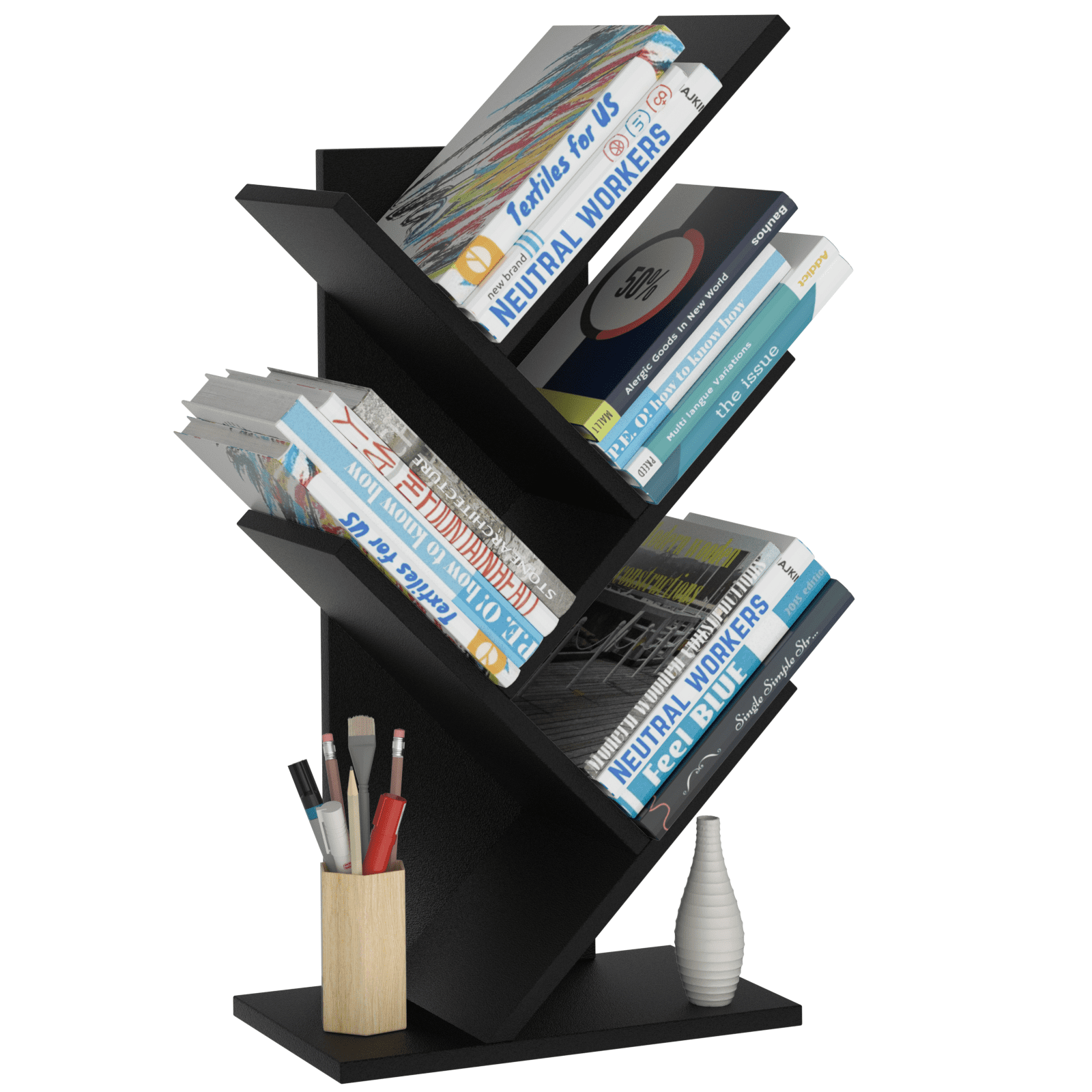 Modern Tree Bookshelf, 5-Tier LELELINKY Bookcase, Vertical Storage Shelf for Books & Décor, Space-Saving Design, Black