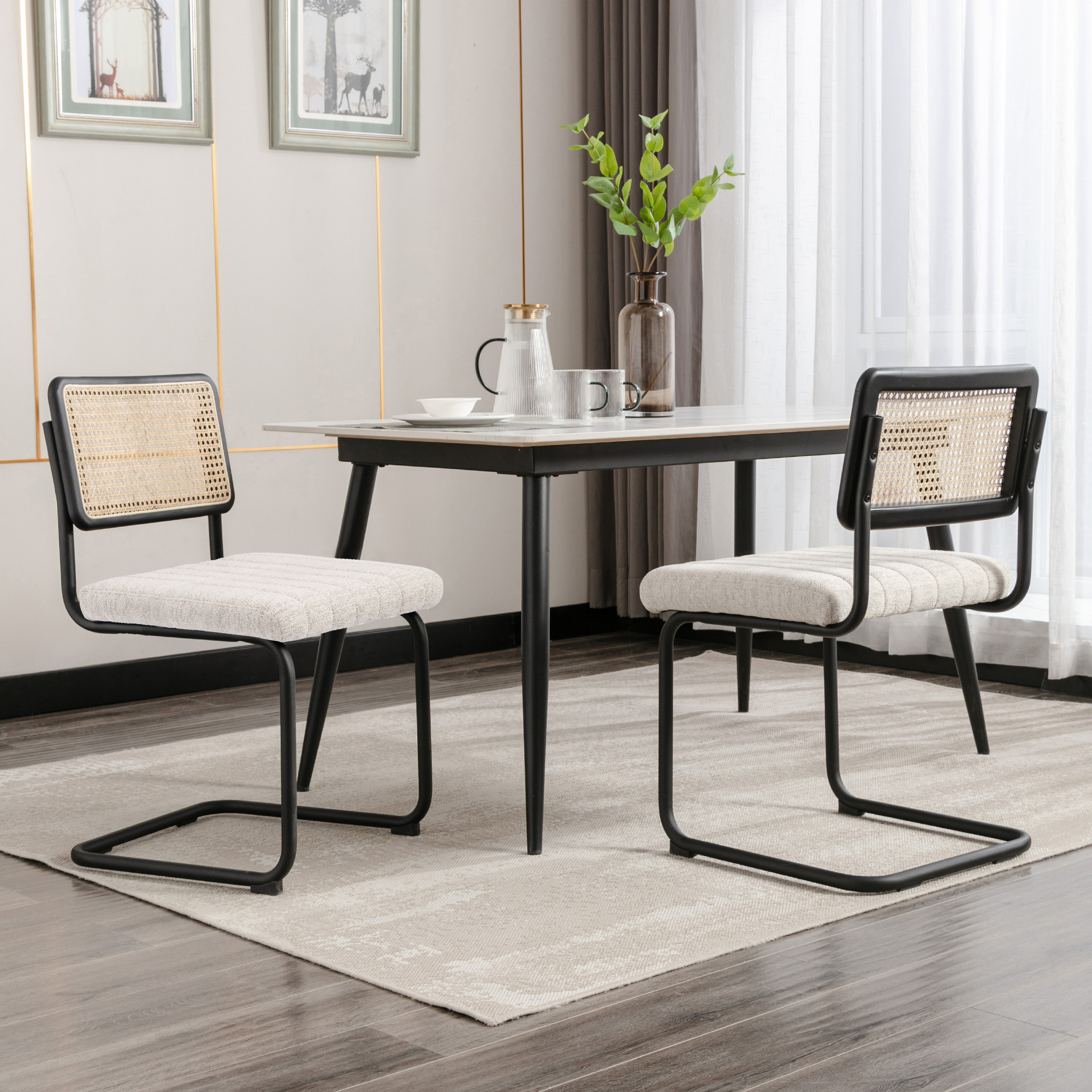 Zesthouse Beige Linen Dining Chairs Set of 2, Rattan Upholstered Kitchen Chairs with Cane Back and Black Metal Legs, Mid-Century Modern Side Chair for Dining Living Room - image 2 of 13
