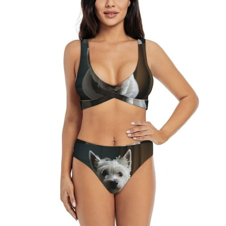 Zeuib Dog Wrapped in Towel 1 High Waisted Tummy Control Bikini Set - Knot Front Push Up Top & Cheeky Thong Bottom  Two-Piece Swimsuit for Women-Medium