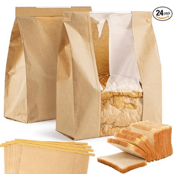 24 Bread Bags with Reusable Ties - Homemade Sourdough Bread Storage Bags Brown Paper Bagel Loaf Bakery Bags with Window Toast Bags with Resealable Ties Disposable Baked Goods Sale Packaging
