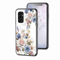 Allytech For Samsung Galaxy A13 5G Case with Diamond Ring Holder Girls Women Luxury Flower Pattern Glass Back Shockproof Silicone Case For Galaxy A13 5G Case, White flower bush