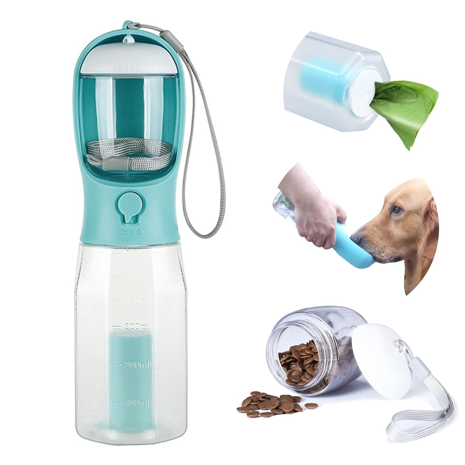 Behome Dog Water Bottle with Food Storage & Poop Bag Holder, 20.3 Oz Leak-Proof Portable Dog Water Dispenser for Outdoor Travel, Hiking, Camping & Beach Visits