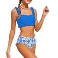 thumbnail image 6 of Girls Swimsuit 2 Piece Tankini with Bottom Tiered Ruffle Cami Swimwear Summer Flower Print Bathing Suits Blue 8-9Years, 6 of 9
