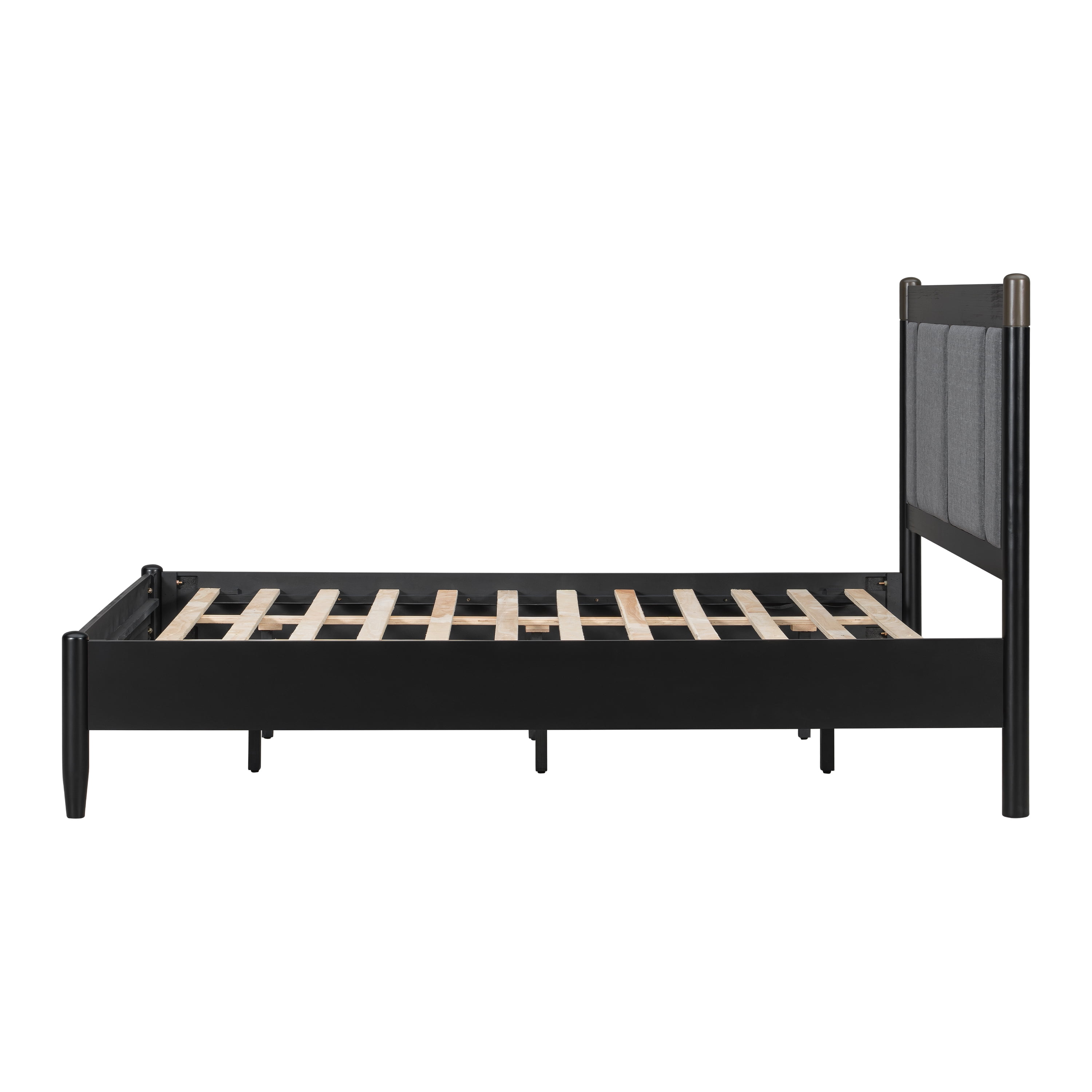 Queen Bed Frame 81 Inch, Solid Wood Platform Bed with Upholstered Headboard and Metal Handles, Heavy Duty Bed Frame with 500 lbs Support, Black