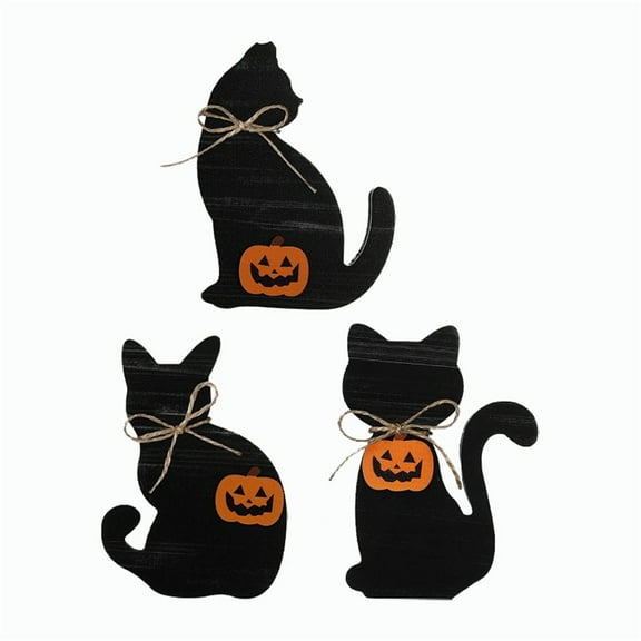 GiLiling 3-Piece Wooden Halloween Black Cat Decor Set - Rustic Farmhouse Style Tray Sign for Home Porch Tabletop Entryway Seasonal Display Collection​​