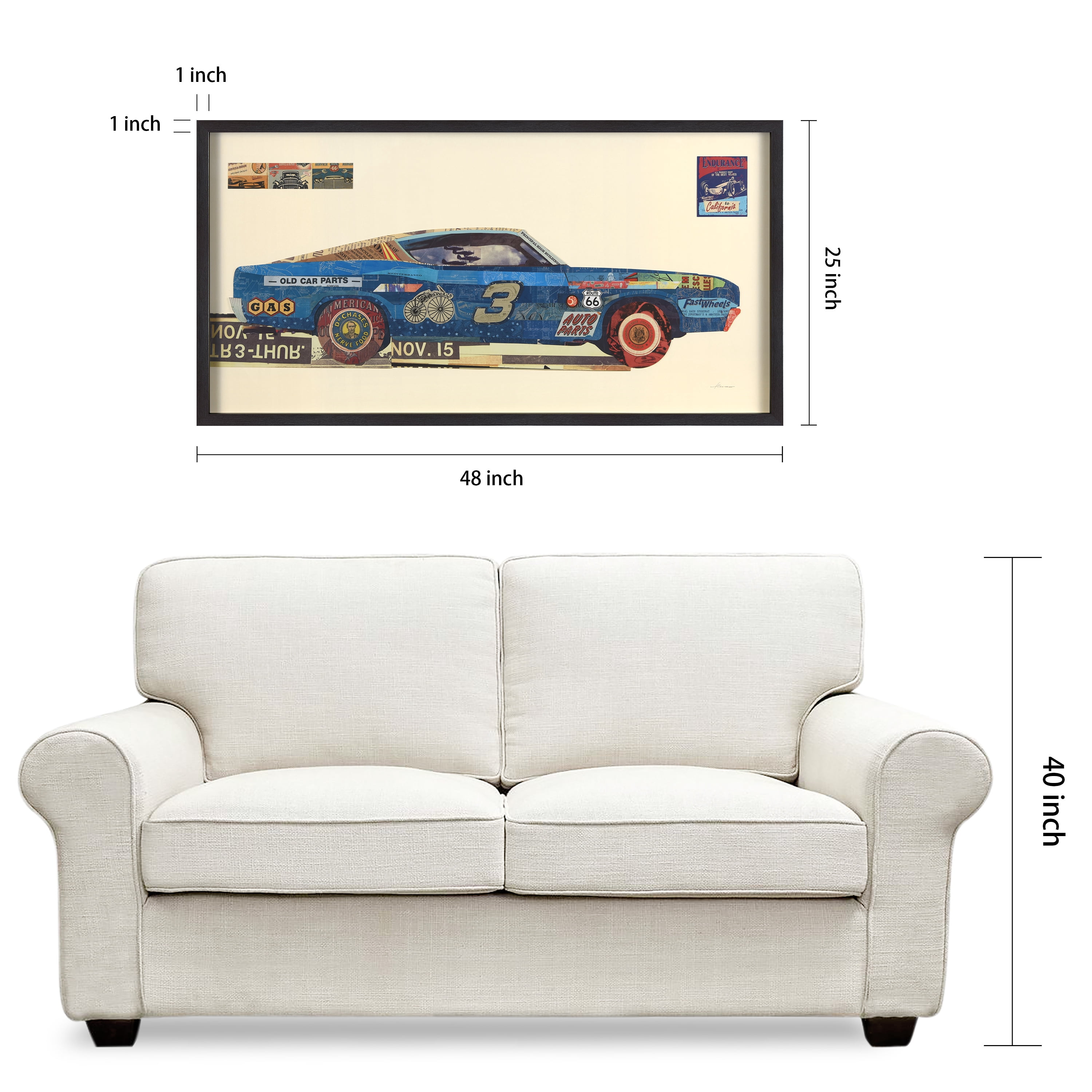 "Muscle Blue Car" Dimensional Collage Framed Graphic Art Under Glass Wall Art