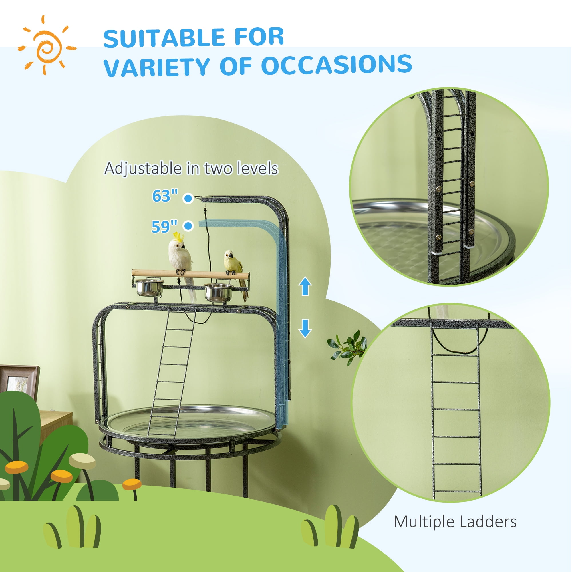 Parrot Stand Large Bird Perch Stand with Toy Hook & 3 Ladders, Parrot Perch with Easy Grip, Bird Wooden Stand, Gray