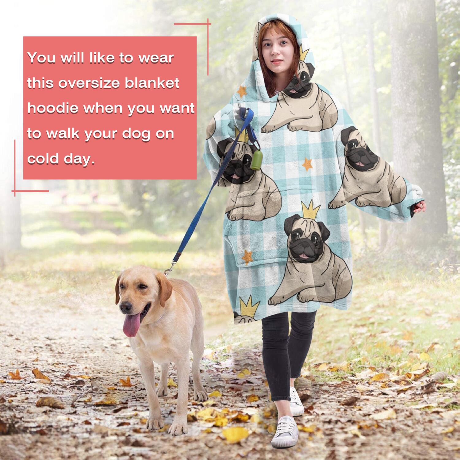 Pug with Crown Wearable Oversized Blanket,Wearable Blanket Hoodie for Adults,Cozy Hooded Blankets with Super Pockets,Super Warm Fuzzy Pullover for Women & Men