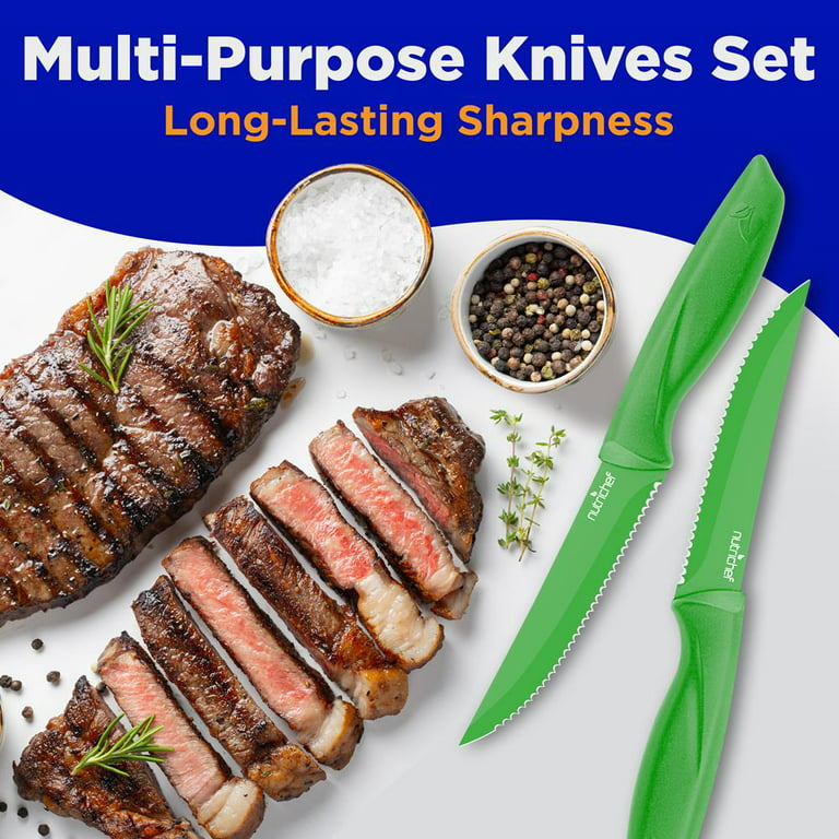 Marco Almond Kya37 6-Piece Kitchen Rainbow Knife Set with Sheath Dishwasher Safe Cutlery Set, Green