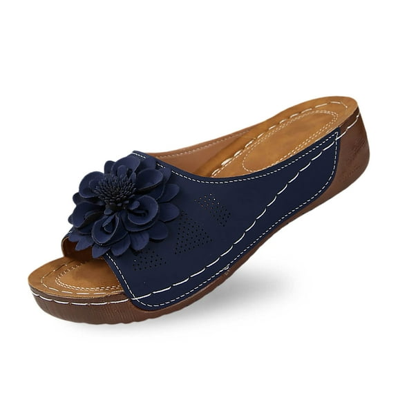 Slippers for Women,Stylish Opentoe Wedges With Leather Top And Flower Slippers Are Comfortable Shoes With Temperament,Womens Slippers,Navy,6