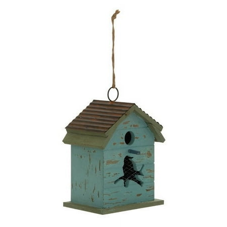 Blue Wood Metal Birdhouse 7"W, 15"H