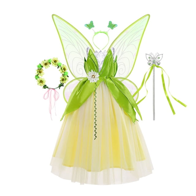 Disfraz de princesa Tiana de rana para niñas, disfraz de Halloween, fiesta de Navidad, flor verde, alas de hada, Carnaval, Tinker Bell, vestido