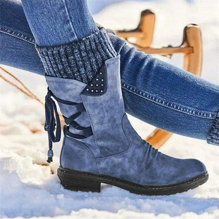 

Womens Mid Calf Snow Boots Winter Round Toe Low Heel Knight Boots Fashion Side Zipper Warm Combat Booties Cowboy Boots for Women