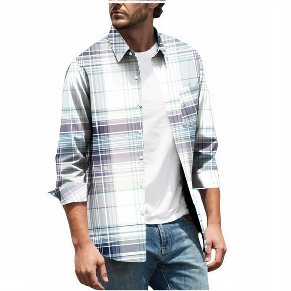 MELDVDIB Mens Button-Up Plaid Shirts Long Sleeve Dress Shirt Fashion Casual Holiday Comfy Light Weight Blouse Tops with Pocket White M