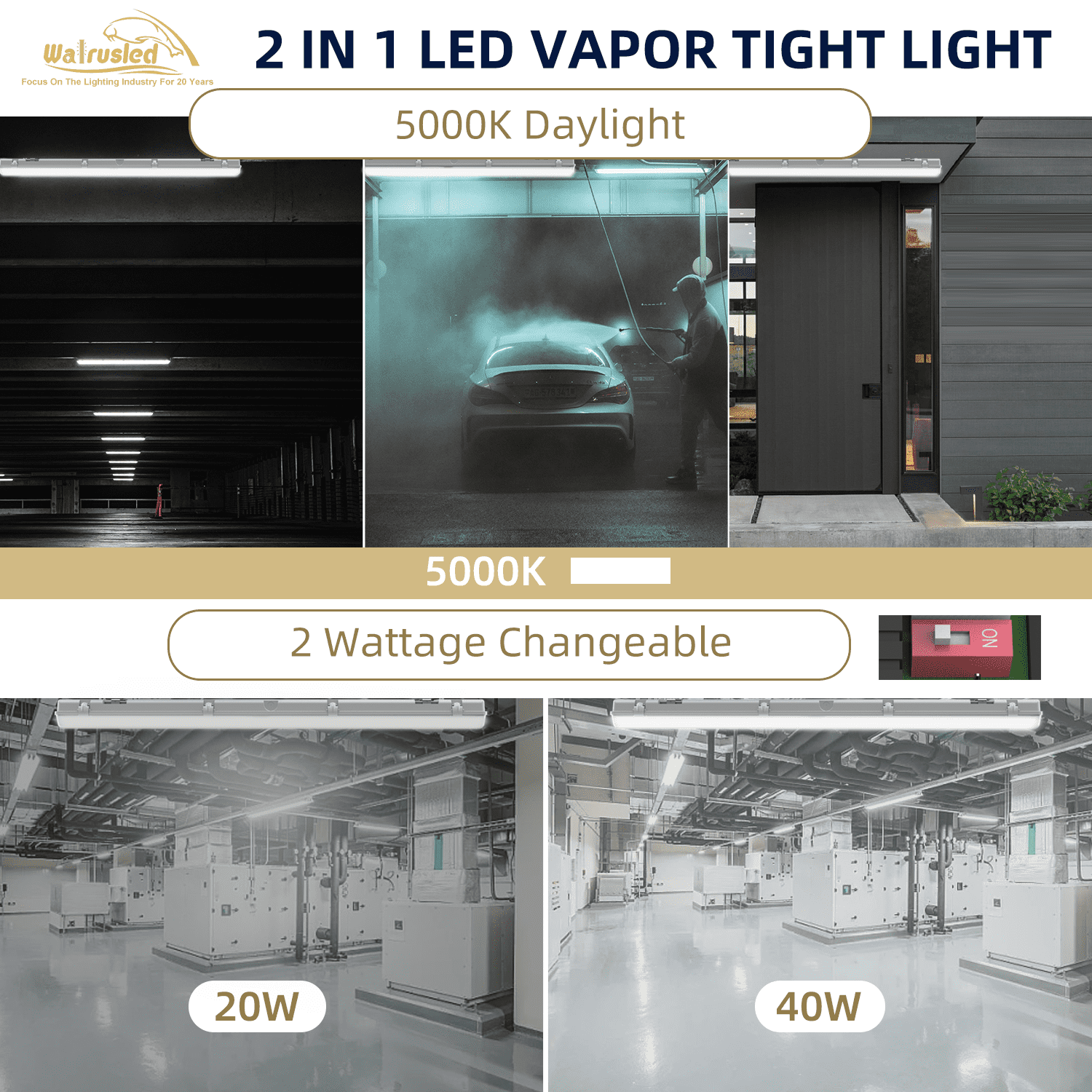 4FT Tri-Level Motion Sensor LED Vapor Tight Light, IP65 IK08, 20W(2500lm)/40W(5000lm) Selectable, 5000K, 100-277V, Dimmable, Outdoor Waterproof Shop Light,Vapor Proof Lighting Fixture for Carport,FCC