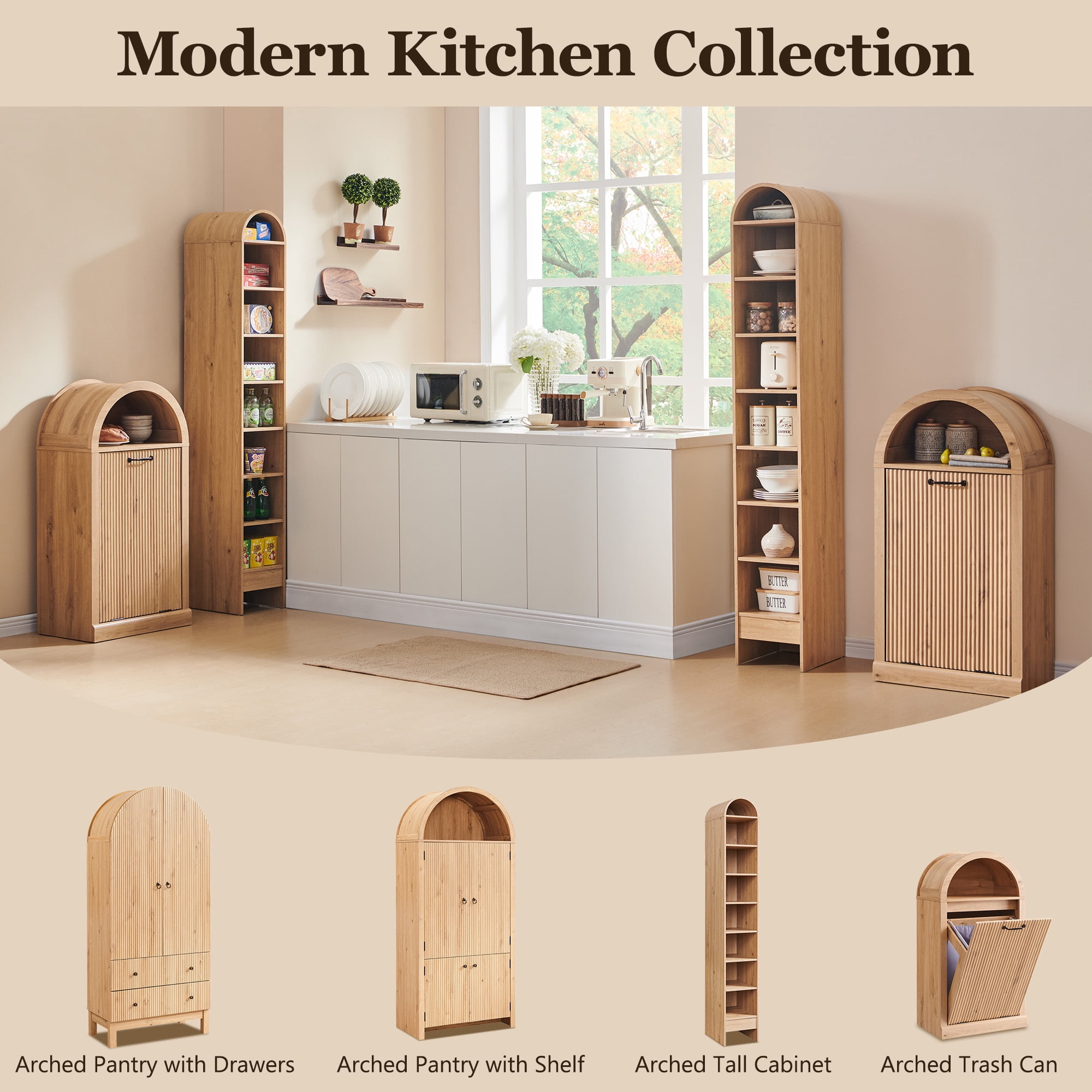 SinCiDo Fluted Arched Tilt-Out Trash Can Cabinet, 10 Gallon Hidden Garbage Can with Storage Basket for Kitchen, Living Room, Natural