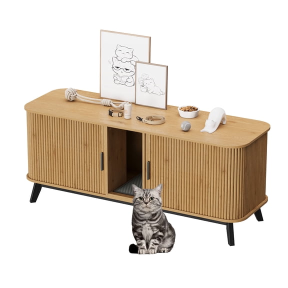 59" Hidden Cat Litter Box Enclosure Furniture, Double-Room Litter Box Cabinet with Sliding Door - Dog-Proof - Odor Control - Storage Bench Hideaway - Indoor Cat House, Color: Natural Oak