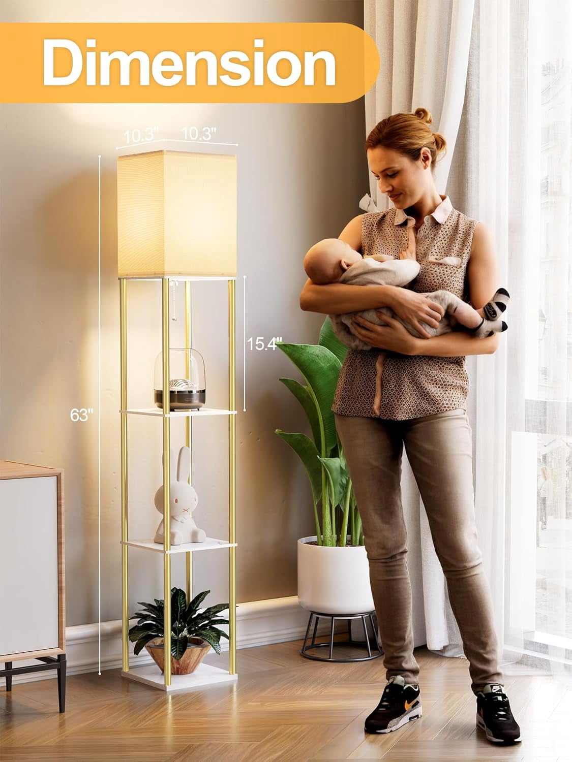 Floor Lamp with Shelves for Living Room, Shelf Floor Lamp with 3 CCT LED Bulb, Corner Display Standing Column Lamp Etagere Organizer Tower Nightstand with White Linen Shade for Bedroom, Office