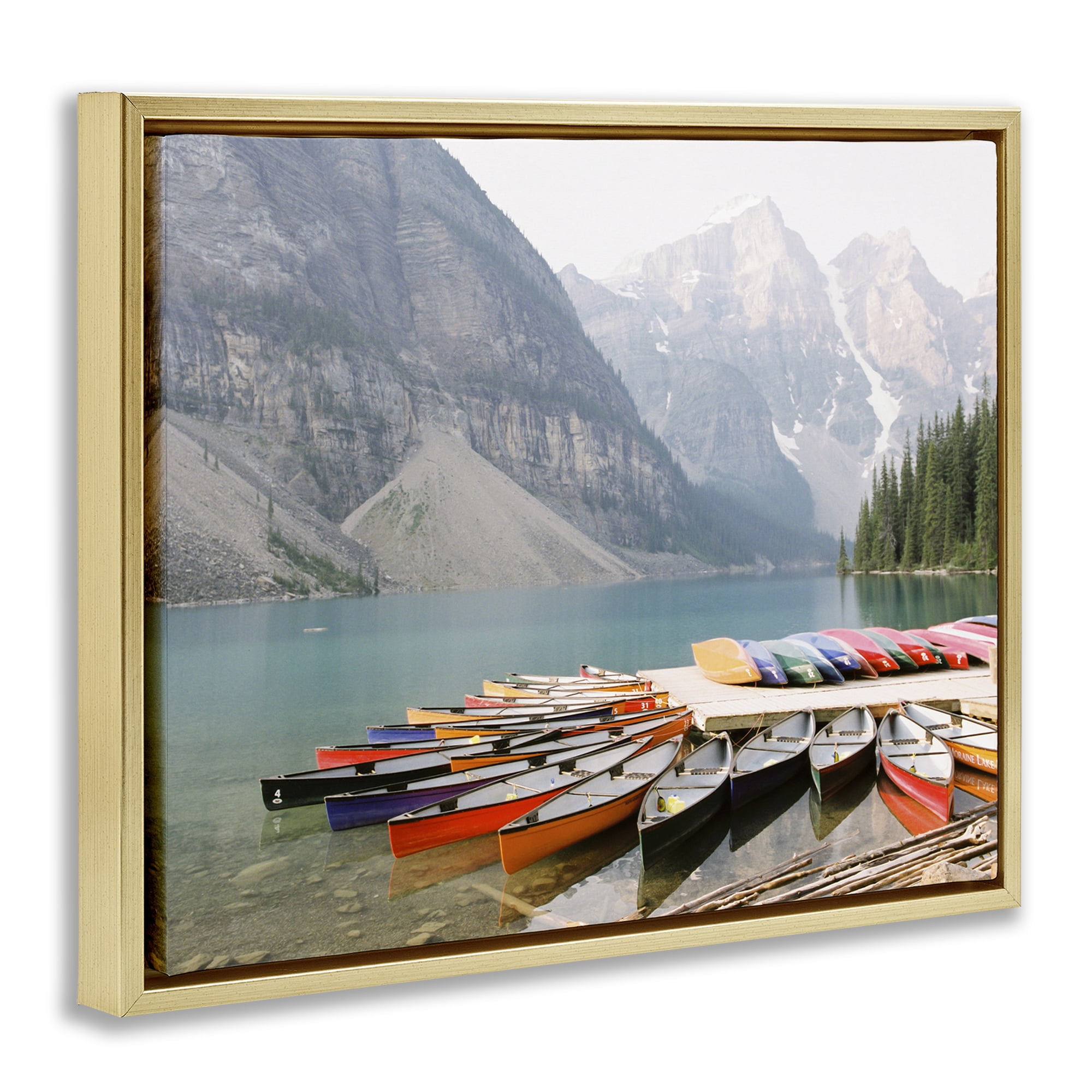 Stupell Industries Cliffside Canoe Dock Landscape Photography Gold Floater Framed Art Print Wall Art, 21 x 17