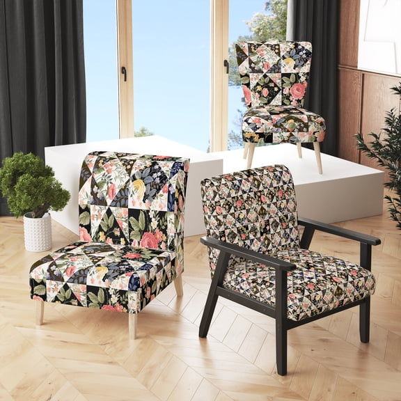 Designart "Roses Geometric Patchwork" Upholstered Floral Accent Chair - Arm Chair