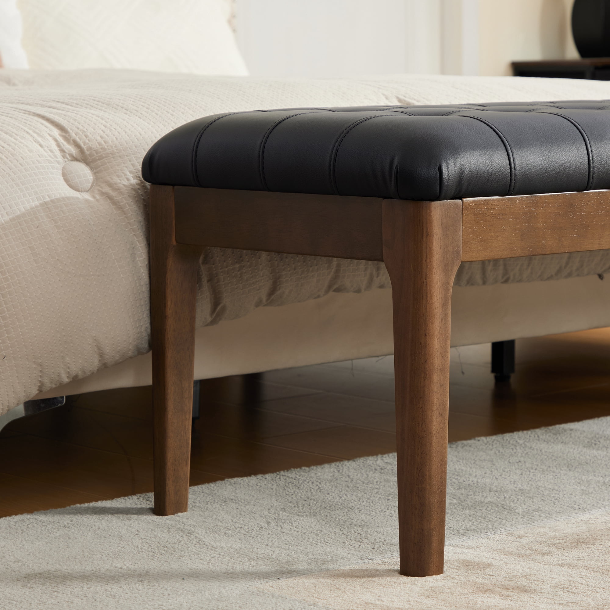 Aukfa 66" Upholstered Faux Leather Bedroom Bench with Button Tufted Design and Bolster Pillow,Solid Rubberwood,Black