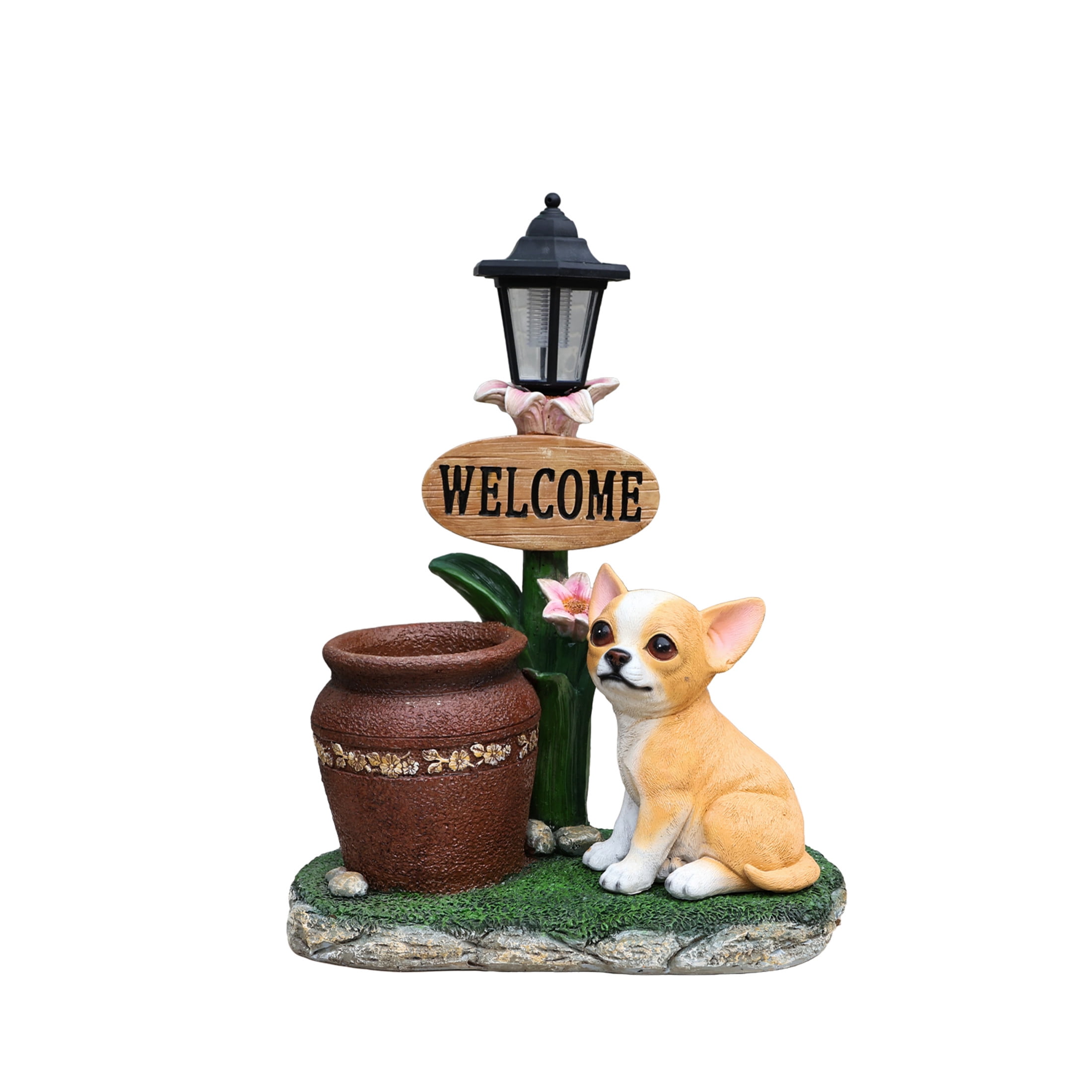 Noble House Corgi Dog Planter Statue with Solar Lantern, Realistic Resin Figurine Flower Pot for Garden, Multicolor