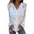 thumbnail image 3 of Cutout Embroidered V-Neck Button Long Sleeve Top, Hollow Half Sleeve Cardigan White M, 3 of 7