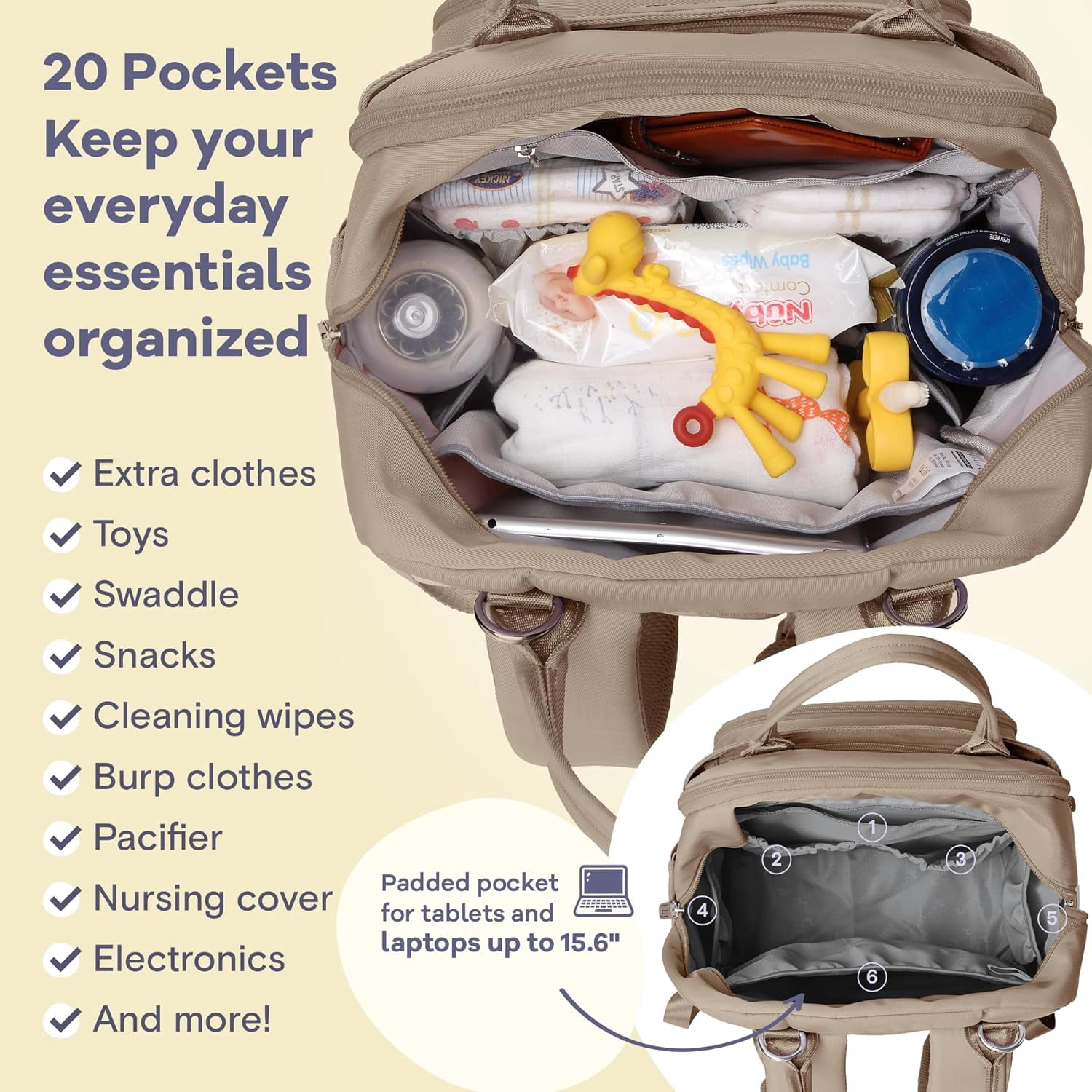 RKXQTDiaper Bag Backpack, Multifunction Travel Pack Maternity Baby Changing Bags, Large Capacity, Waterproof, Clay