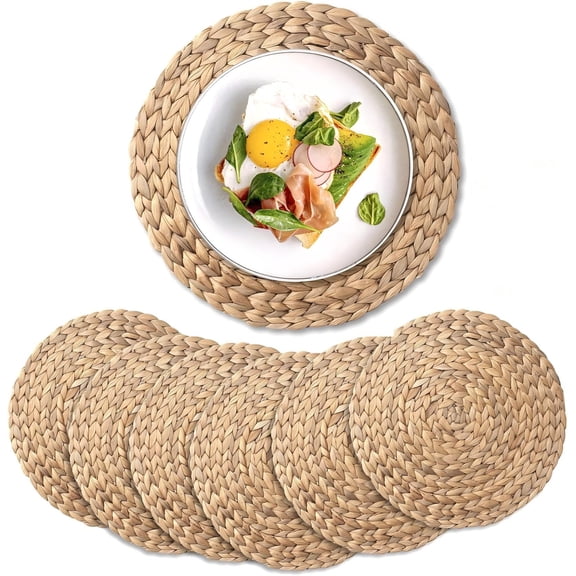 Woven Placemats Round Placemats Set of 6, 12 Inch Wicker Placemat Circle Rattan Placemats Farmhouse Boho Braided Natural Water Hyacinth Place Mats for Indoor & Outdoor Table Decor