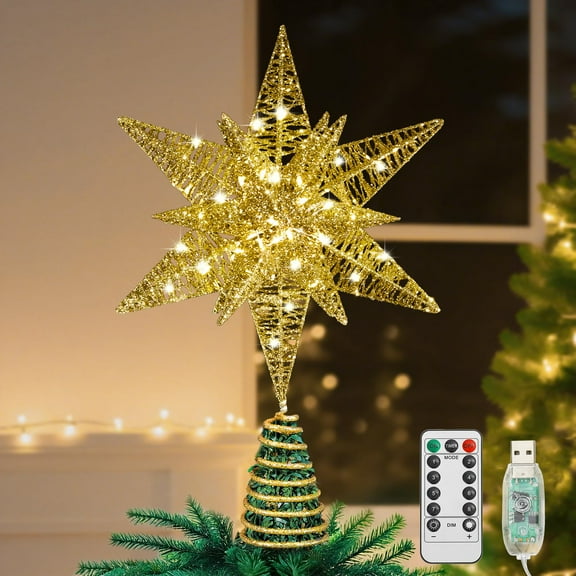 Lewondr Christmas Star Tree Topper with Timer Function,11 inch Multilayer Hexagonal Tree Toppers with 8 Light Modes for Home Holiday Xmas, USB Remote Controlled,Champagne gold