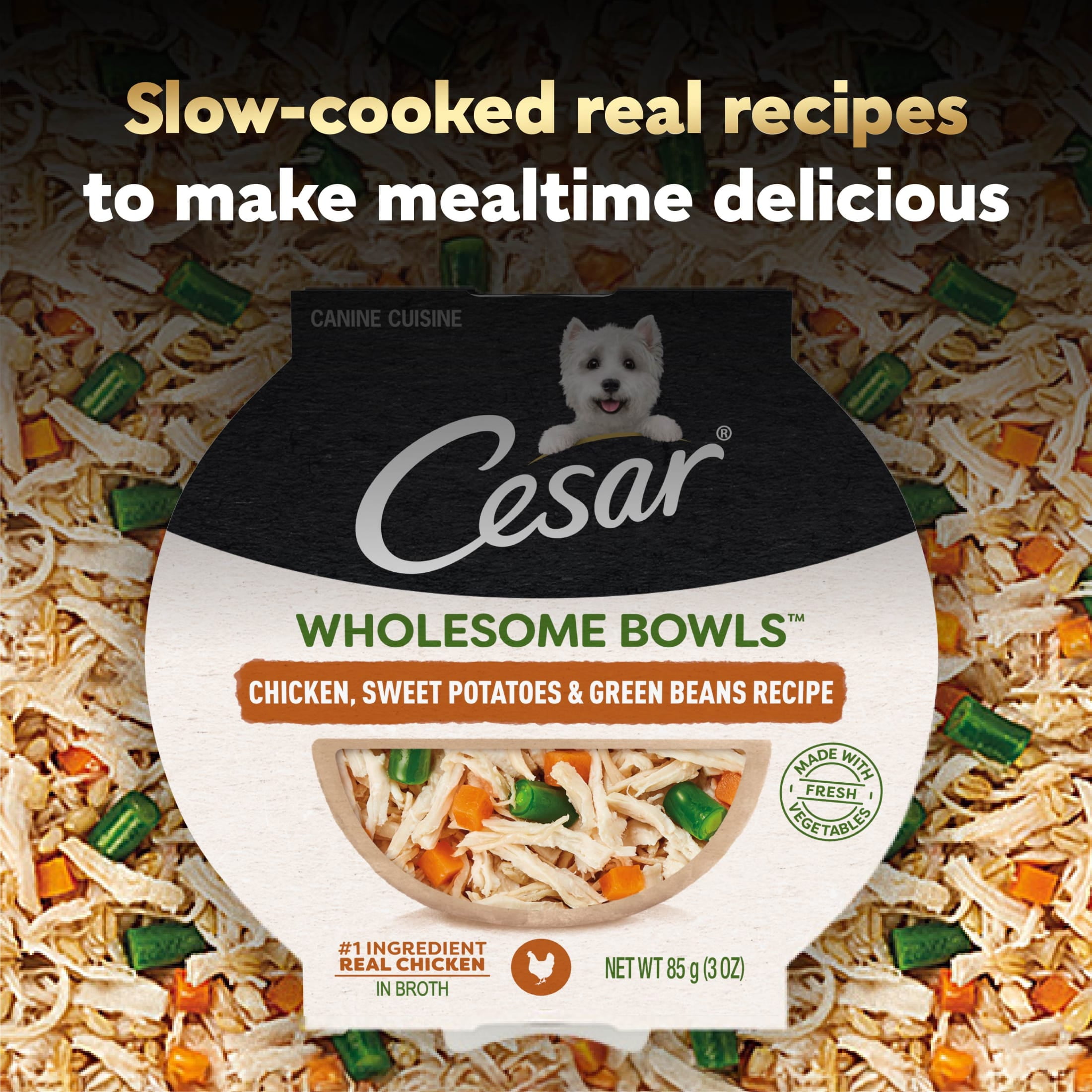 (8 pack) Cesar Wholesome Bowls Chicken, Sweet Potato & Green Beans Recipe Adult Wet Dog Food, 3 Oz Bowl