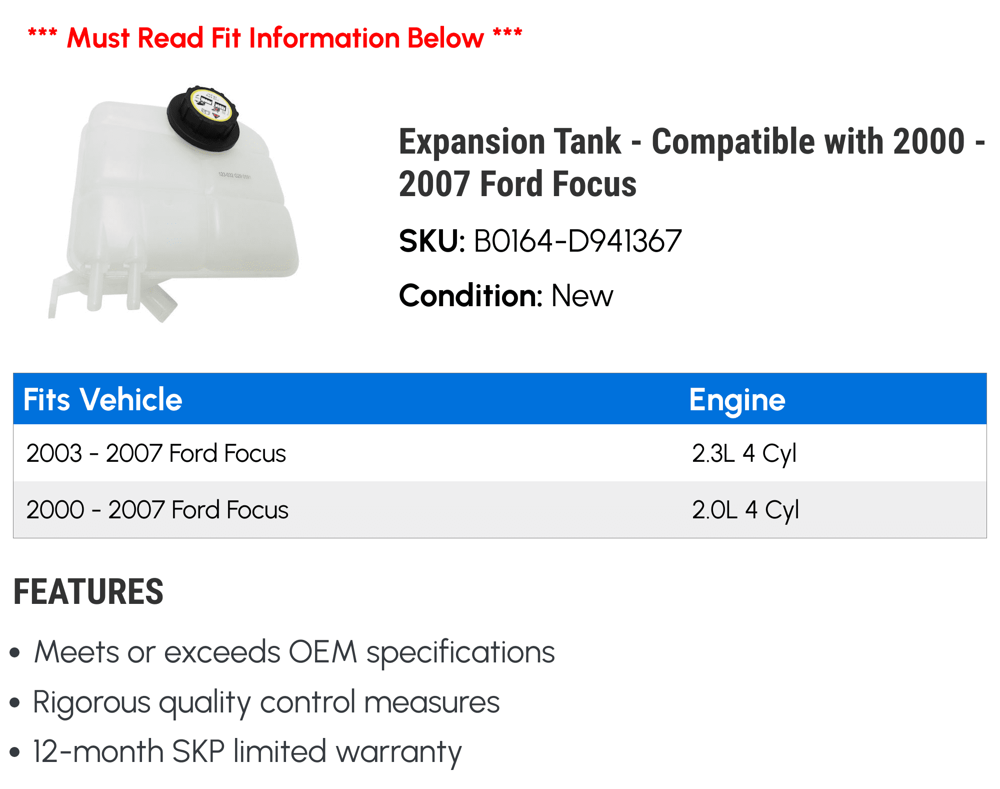Expansion Tank - Compatible with 2000 - 2007 Ford Focus 2001 2002 2003 2004 2005 2006
