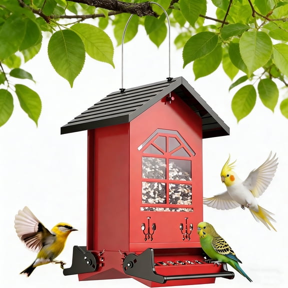 BN-LINK Bird Feeder Squirrel Proof,Hanging Bird Feeder with 2 Ports,Metal Wild Bird feeder for Outdoor Garden Yard Decor,Red