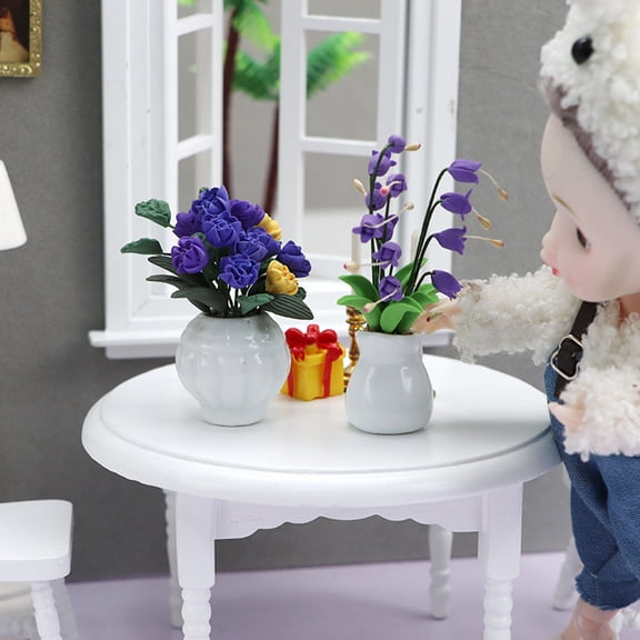 Dream Lifestyle Dollhouse Green Plant Simulated Realistic Ceramic Purple Floral Clay Flower Ornament for 1/12 Doll House