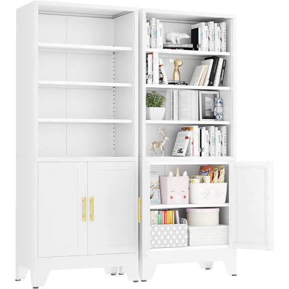71" Metal Bookcases and Bookshelves with 2 Doors and 4 Adjustable Shelves, Tall White Storage Cabinet Industrial Modern Open Display Book Shelf for Living Room, Bedroom, Office (White)