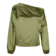 thumbnail image 5 of Olyvenn Women's Asymmetrical Neck Long Lantern Sleeve Ruched Blouse Work Office Top Y2K Off The Shoulder Top Satin Blouses for Women Green 10, 5 of 7