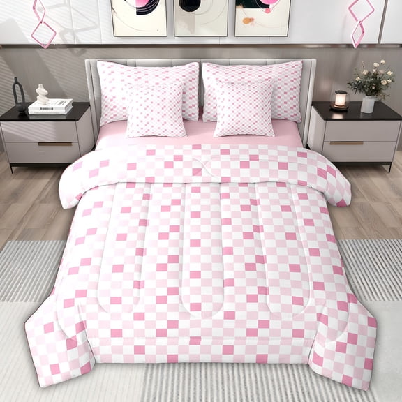 jejeloiu Pink Plaid Pattern 7-Piece Twin Bedding Sets,Modern Geometric Aesthetic Bedding Comforter Set For Girls Kids Reversible