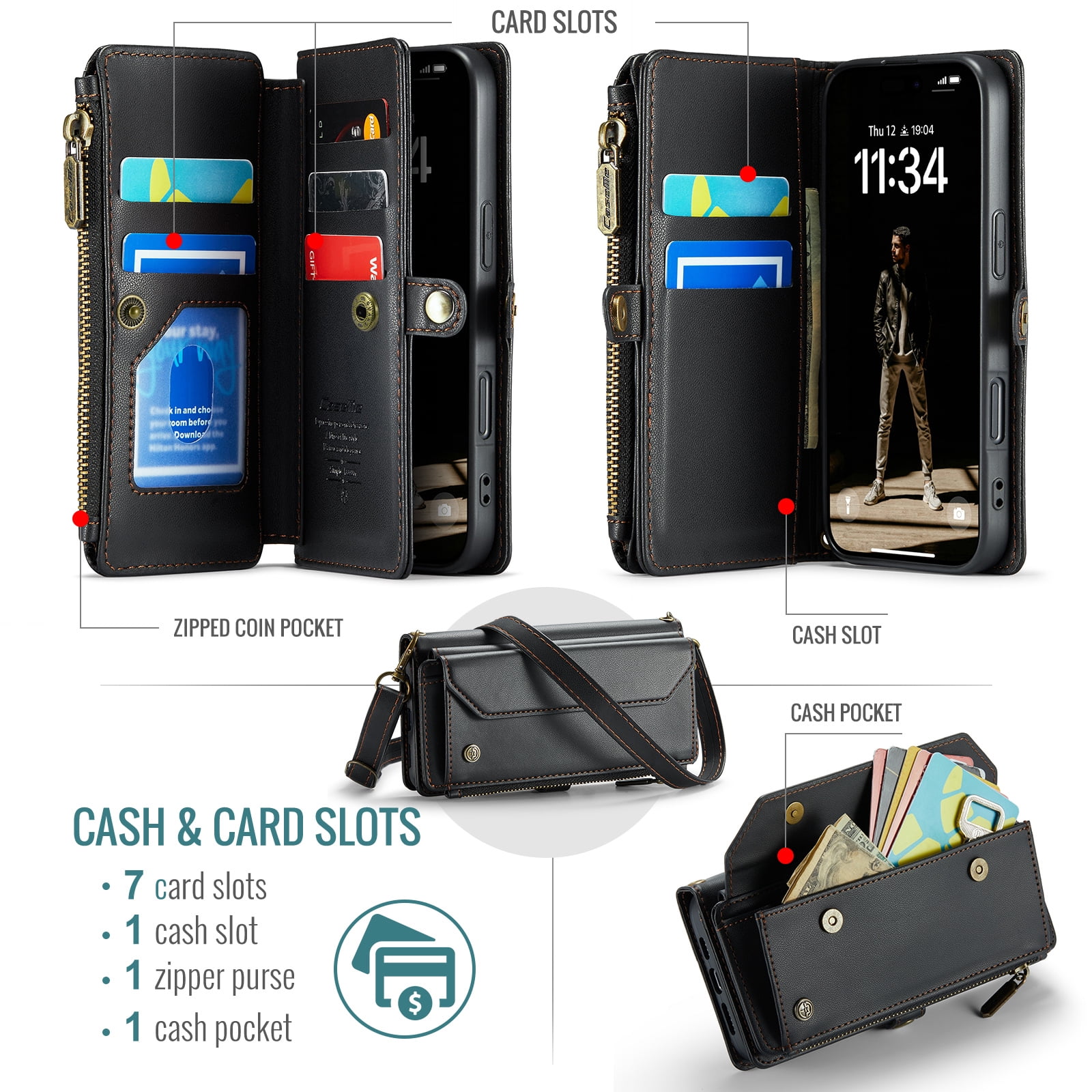 ELEHOLD for iPhone 17 Air Wallet Case,Support Wireless Charging PU Leather RFID Blocking Card Holder Kickstand Flip Shockproof Case with Crossbody Wristlet Strap for iPhone 17 Air,Black