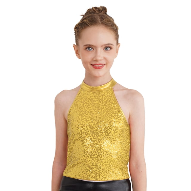 Raenseen Kids Girls Sparkling Sequin Halter Crop Top Sleeveless Backless Tank Tops Jazz Dance Stage Performance Gold 12